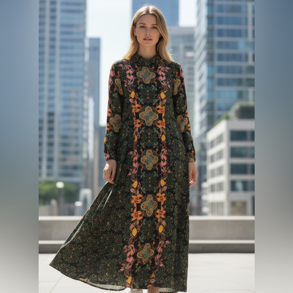 CELINA MOON AURNIA Floral Maxi dress•Green/Rose/Lily Orange/Black